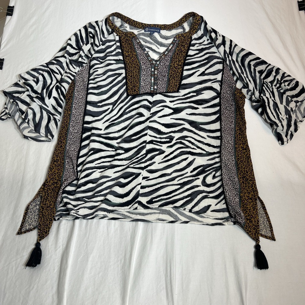 Democracy Mixed Animal Print Tassel Blouse Zebra Leopard Beaded V-Neck XL